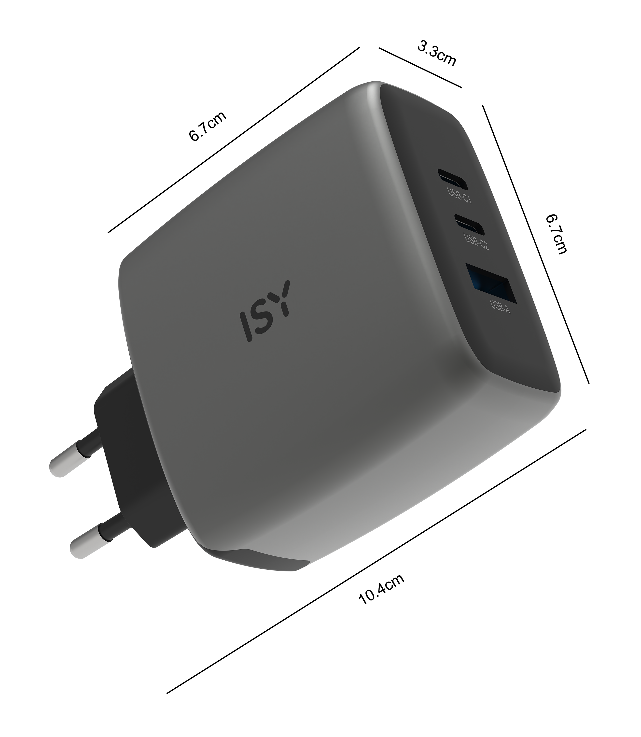Adaptateur secteur gris avec trois ports USB (2x USB-C, 1x USB-A).