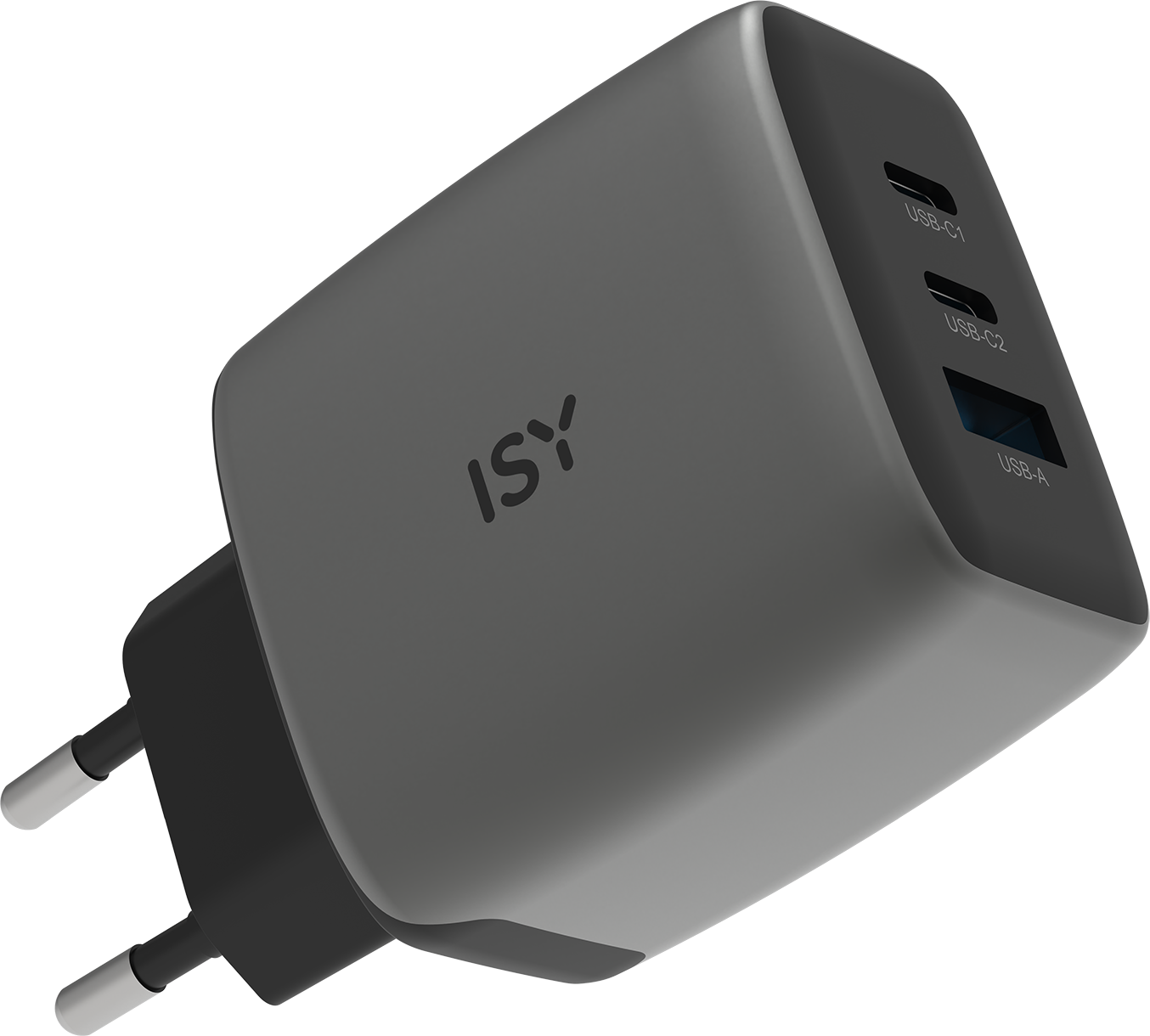 Chargeur USB gris marque ISY avec deux ports USB-C et un port USB-A.