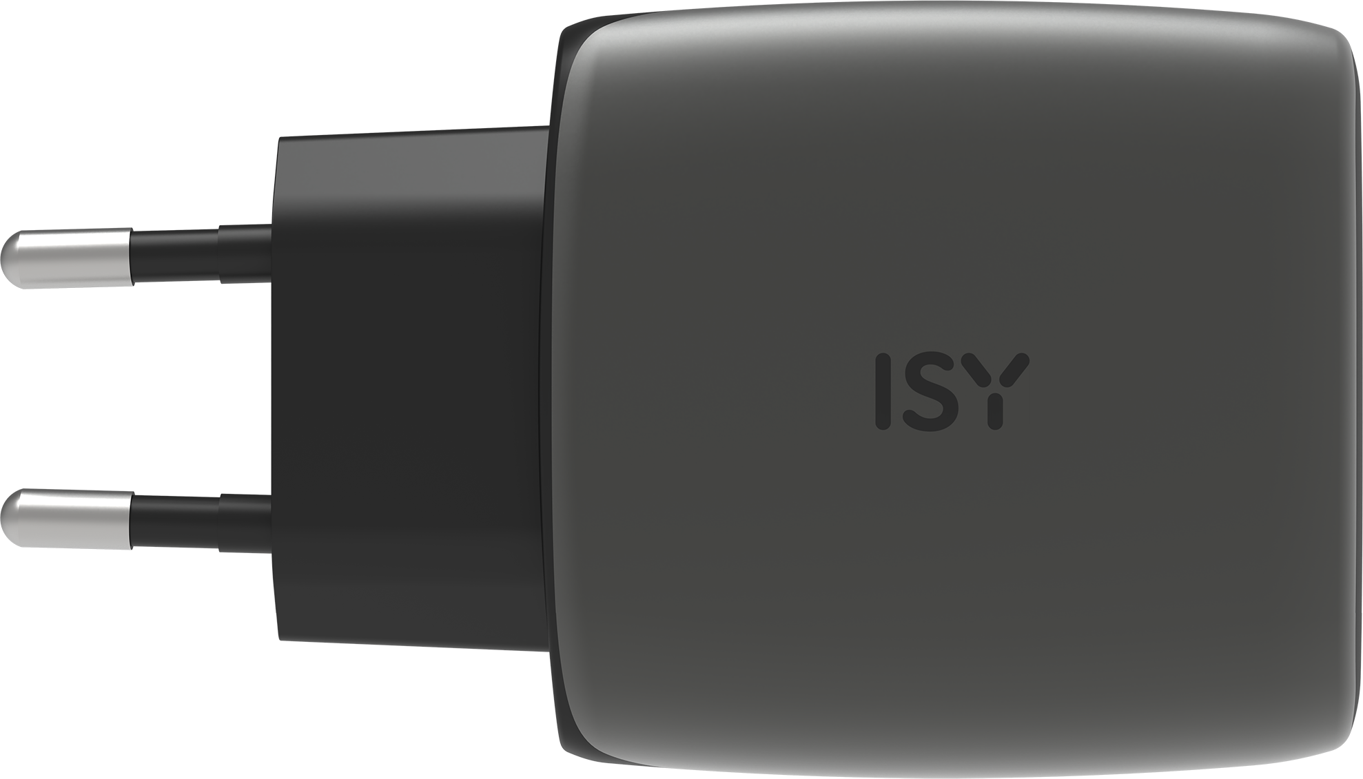 Un adaptateur secteur noir avec deux broches argentées et le logo ISY.