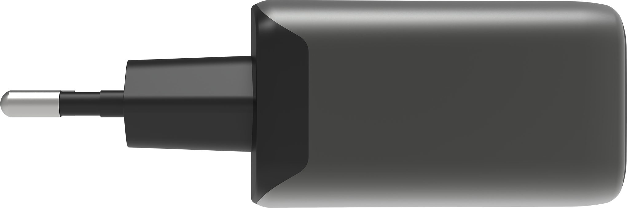Un adaptateur secteur noir avec une broche argentée et un boîtier arrondi.