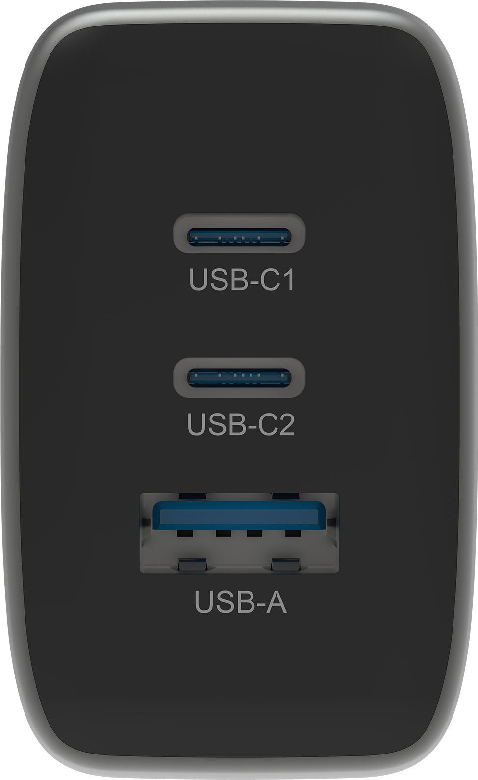 Un chargeur noir avec deux ports USB-C et un port USB-A.