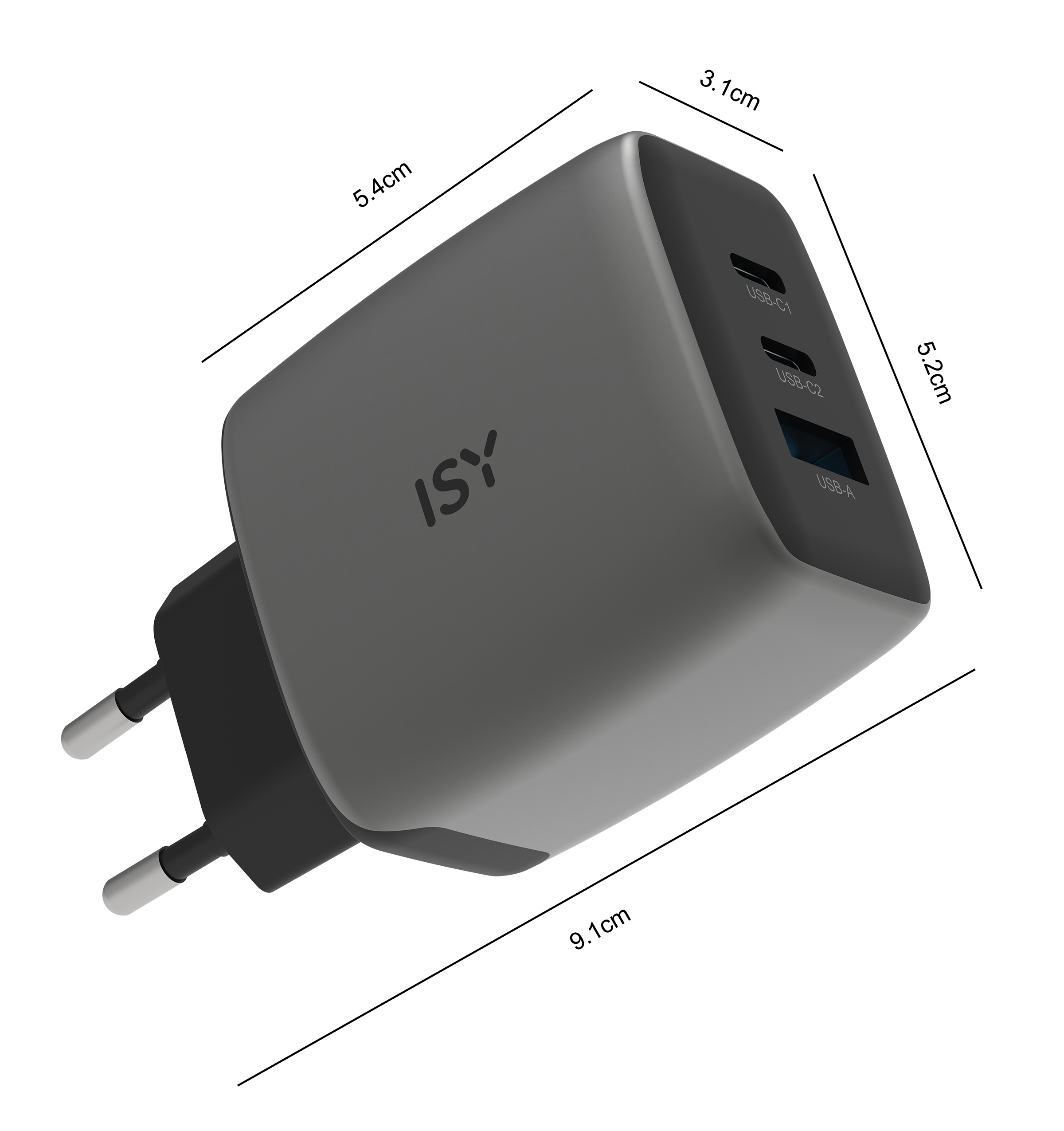 Chargeur ISY gris avec 2 ports USB-C et 1 port USB-A.