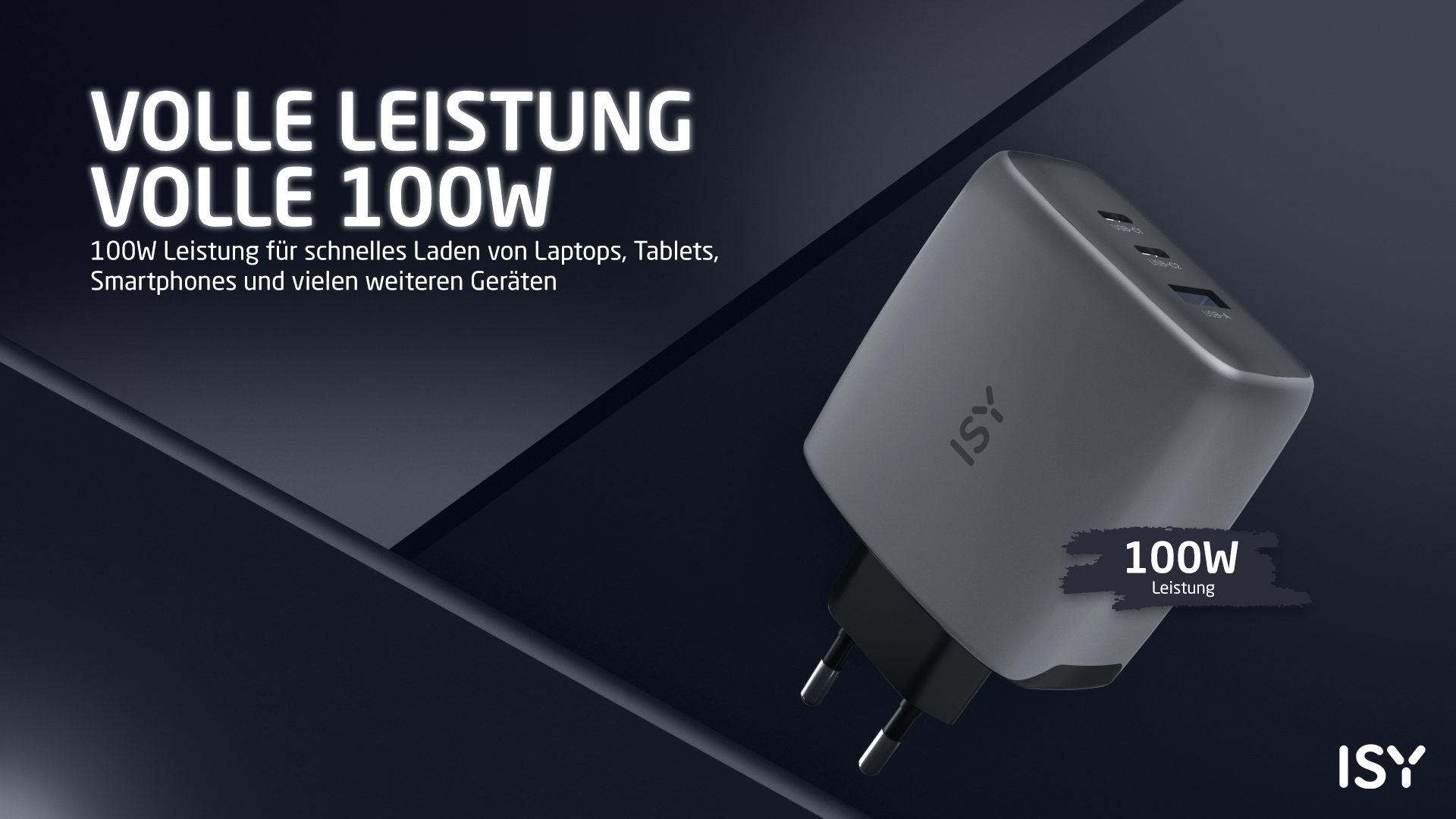Chargeur ISY gris 100W avec plusieurs ports USB sur fond sombre.