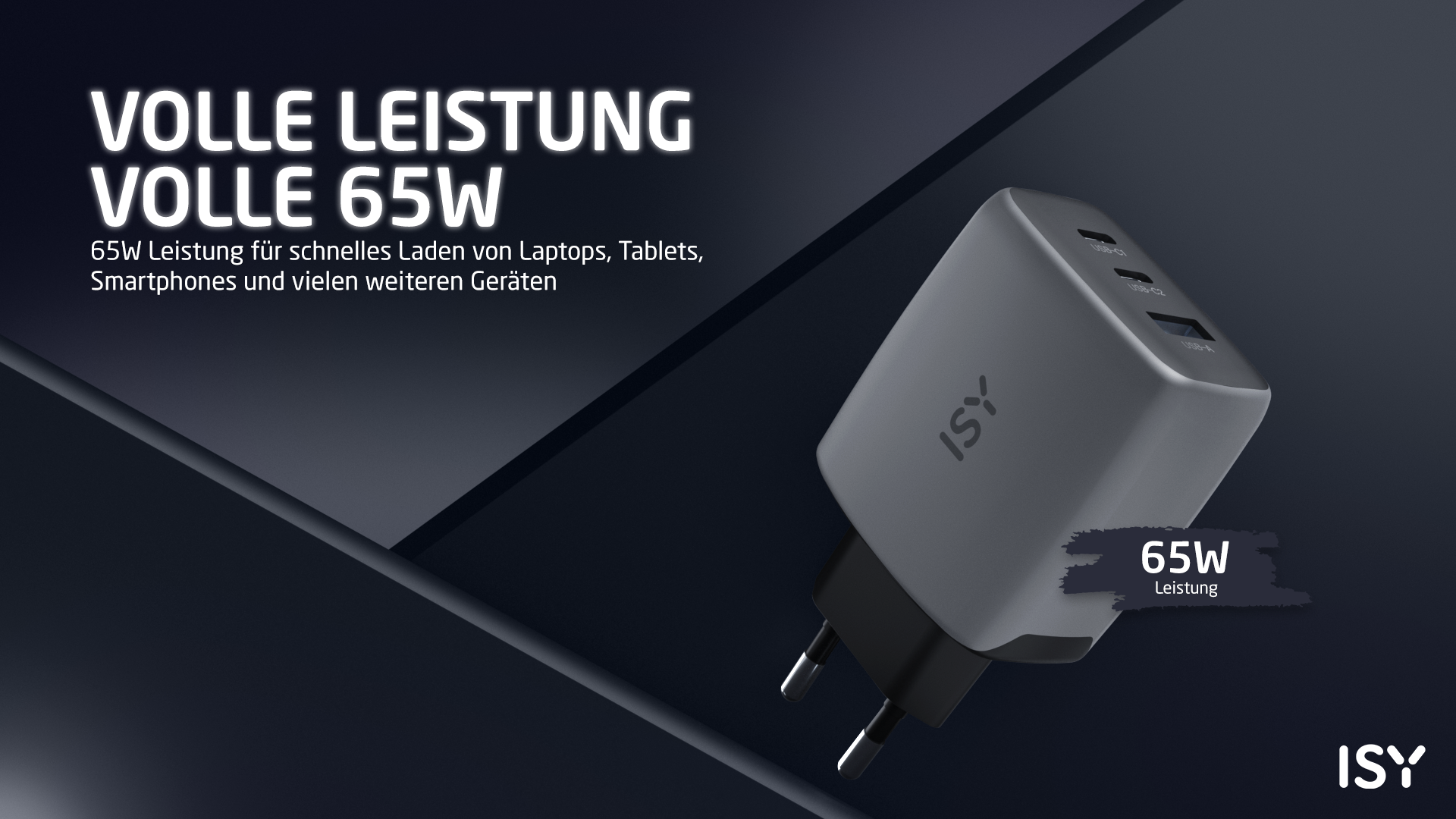 Un chargeur ISY gris de 65W avec ports USB-C et USB-A sur fond sombre.