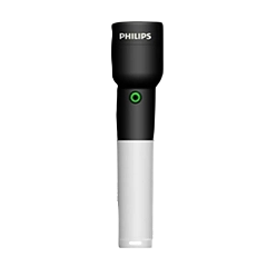Yeşil düğmeli siyah ve beyaz Philips aparat, siyah arka plan üzerinde.