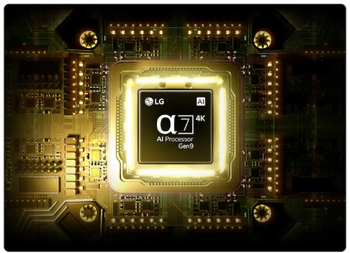 Altın ışıklı devre kartı üzerinde LG Alpha 7 AI Processor Gen9 çipi.