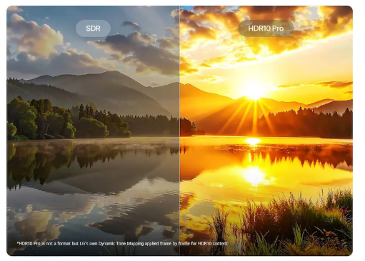 SDR vs HDR10 Pro: Gün doğumuyla göl manzarası. Sol taraf soluk, sağ taraf güneş ışınlarıyla canlı.