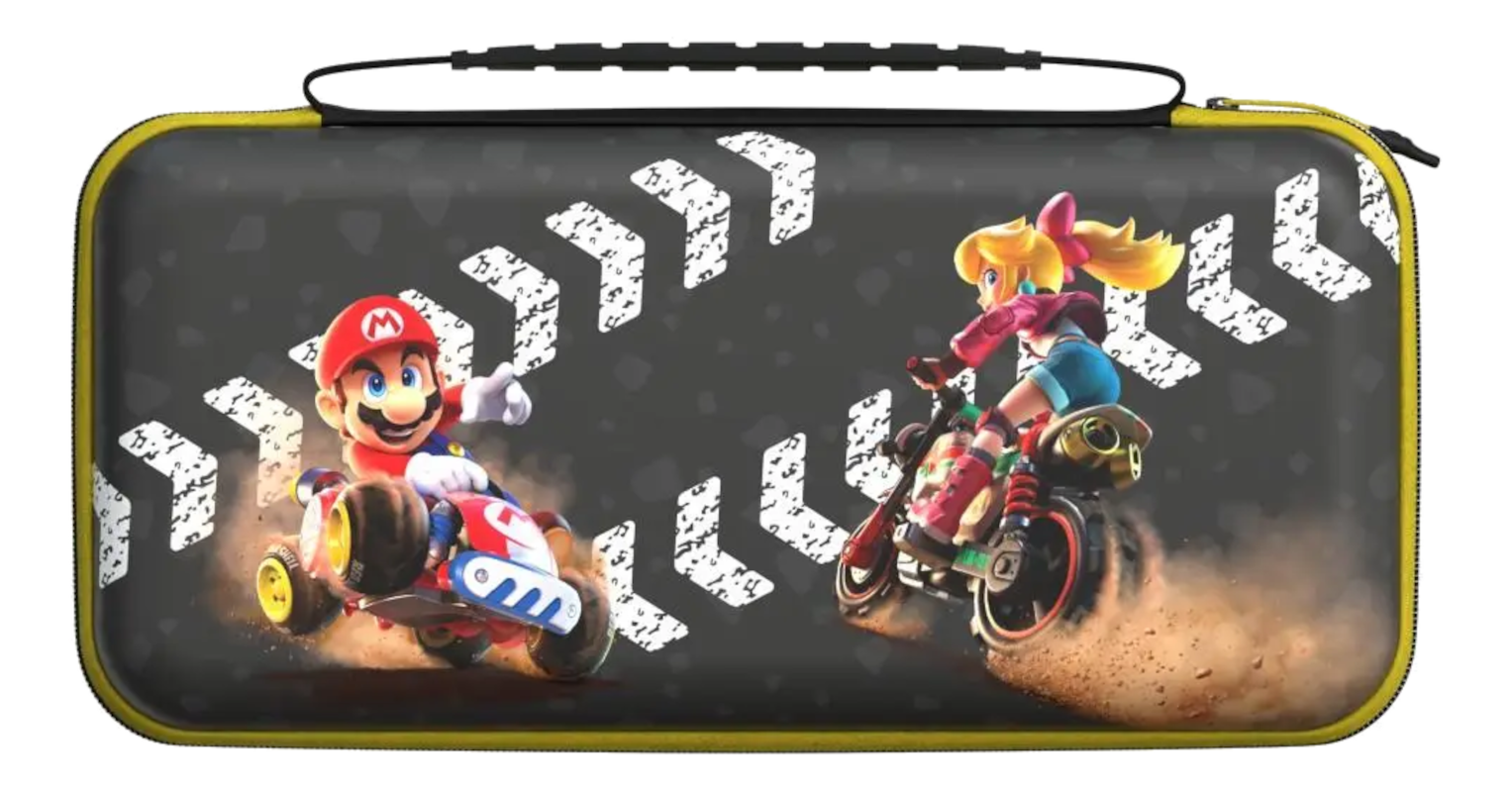 Mario e Peach sui go-kart su una pista da corsa, su una custodia protettiva.