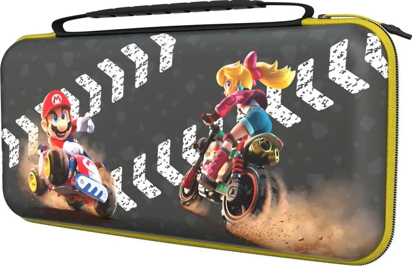 Mario e Peach corrono in moto su sfondo grigio con frecce bianche.