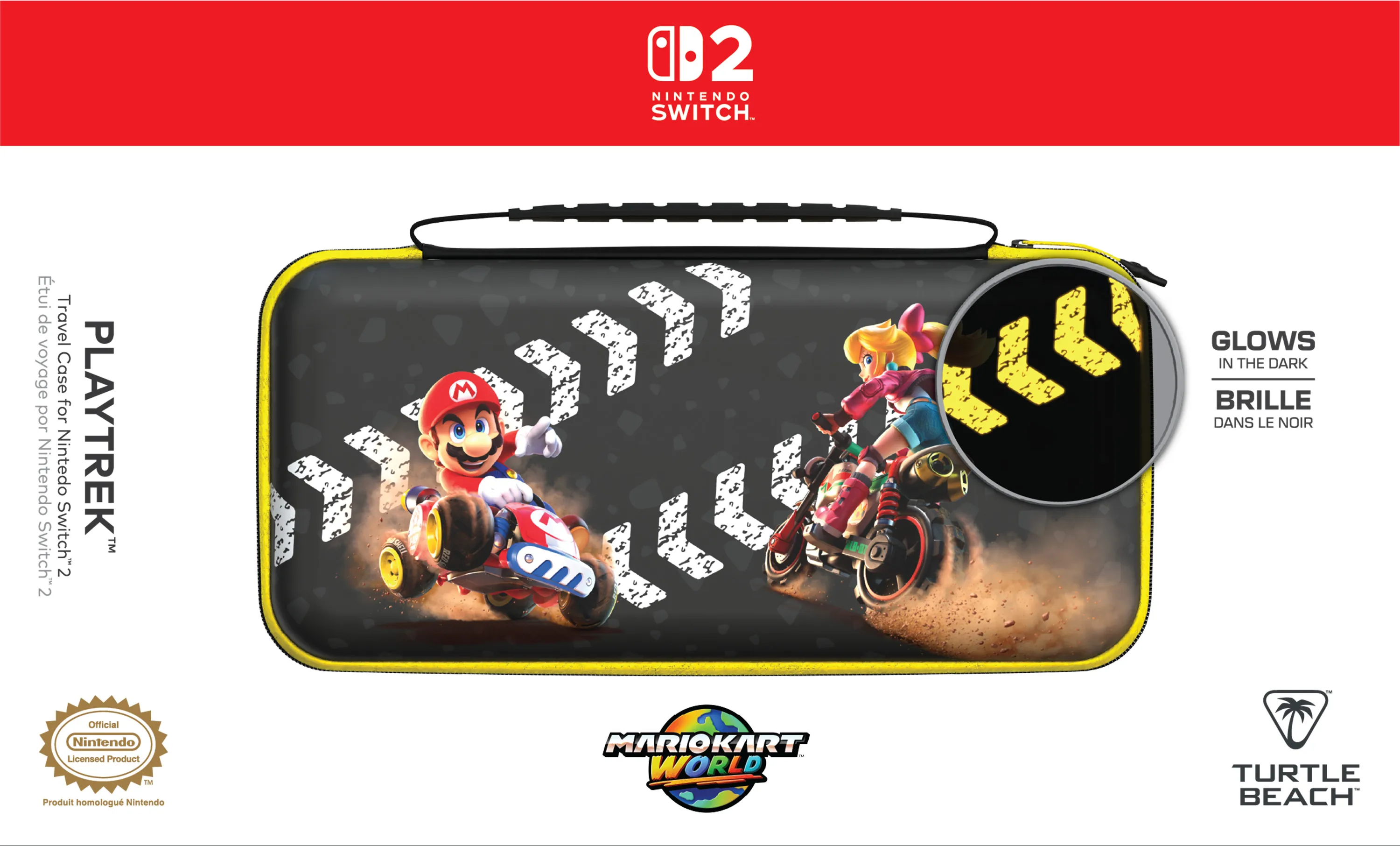 Custodia Nintendo Switch con Mario e Peach in gara. Brilla al buio.