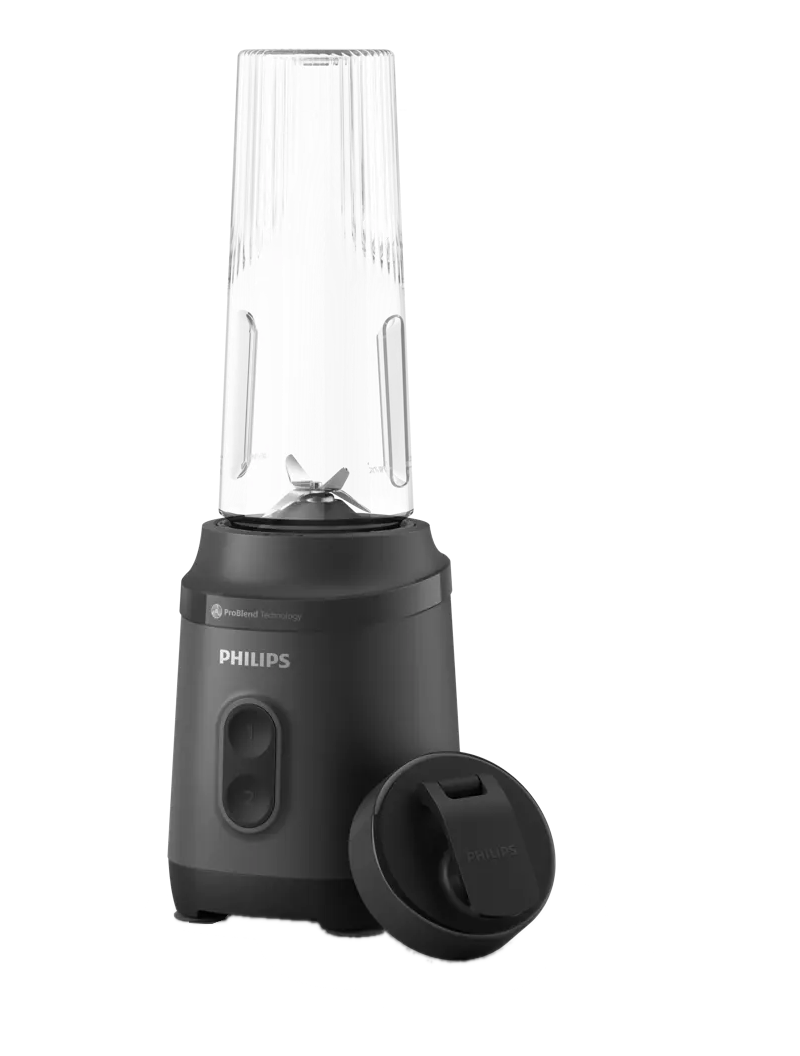 Mixeur Philips noir avec gobelet transparent nervuré et couvercle noir.