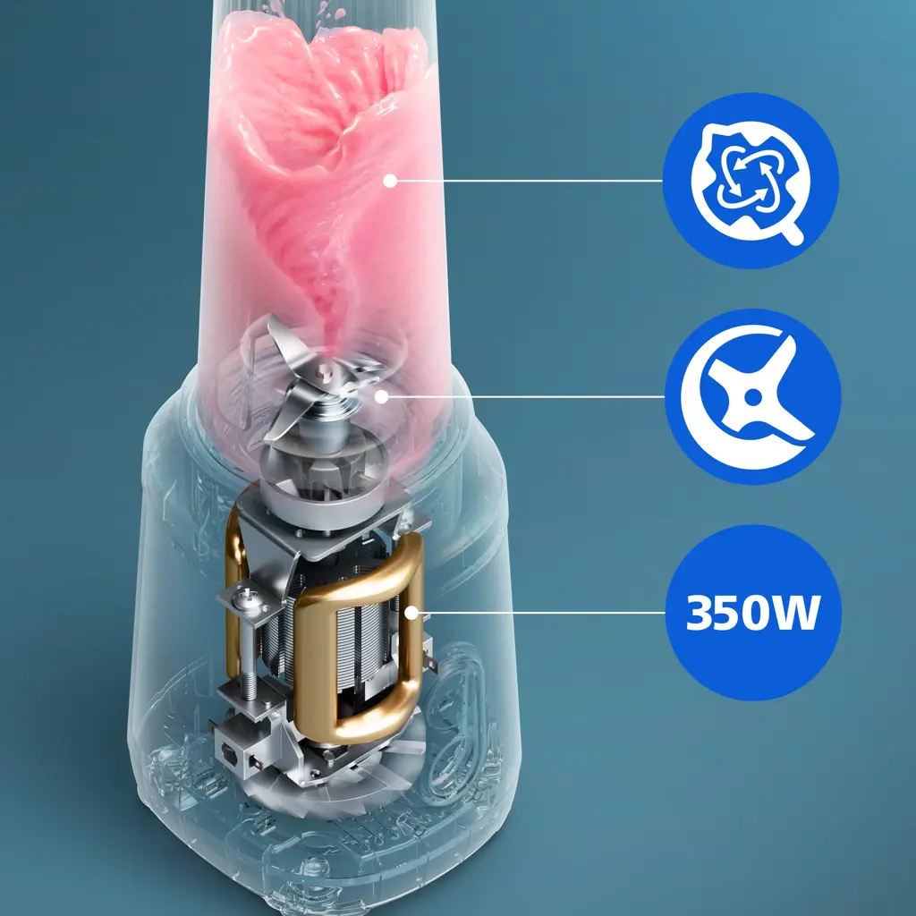 Un mixeur transparent avec un liquide rose et des icônes de puissance et de fonctions.