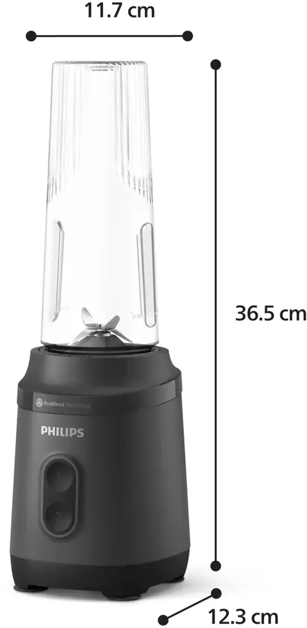 Un mixeur Philips noir avec un récipient transparent et des mesures.