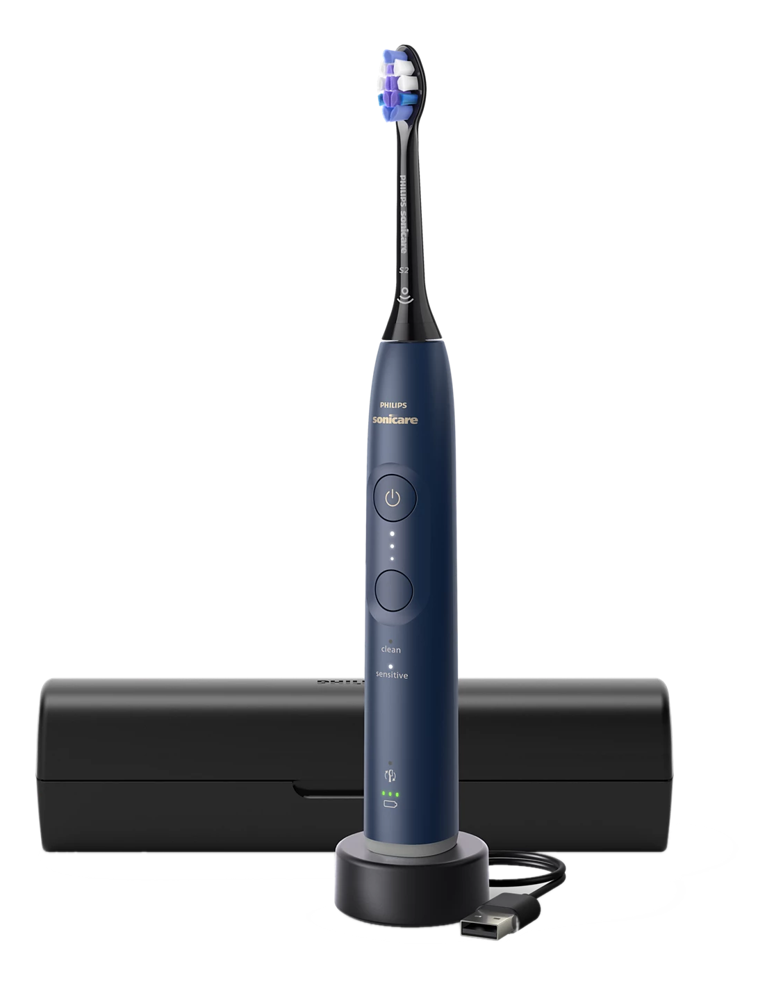 Eine dunkelblaue elektrische Zahnbürste mit Ladehalterung und Reiseetui.