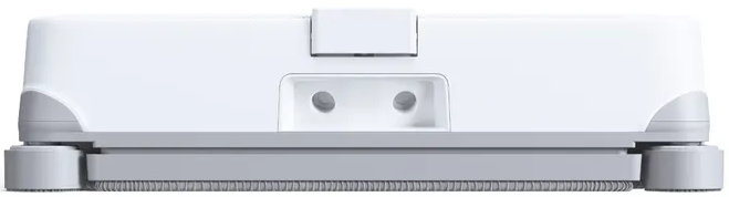 Un pulitore robot per finestre bianco con accenti grigi e una spazzola.