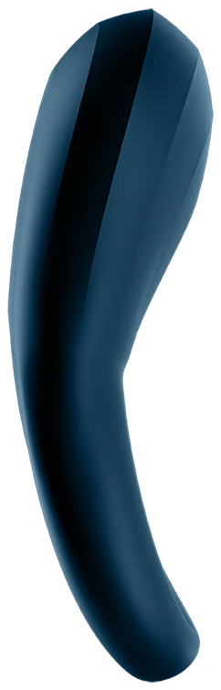 Un objet lisse, bleu foncé, allongé avec des rayures verticales sur fond noir.