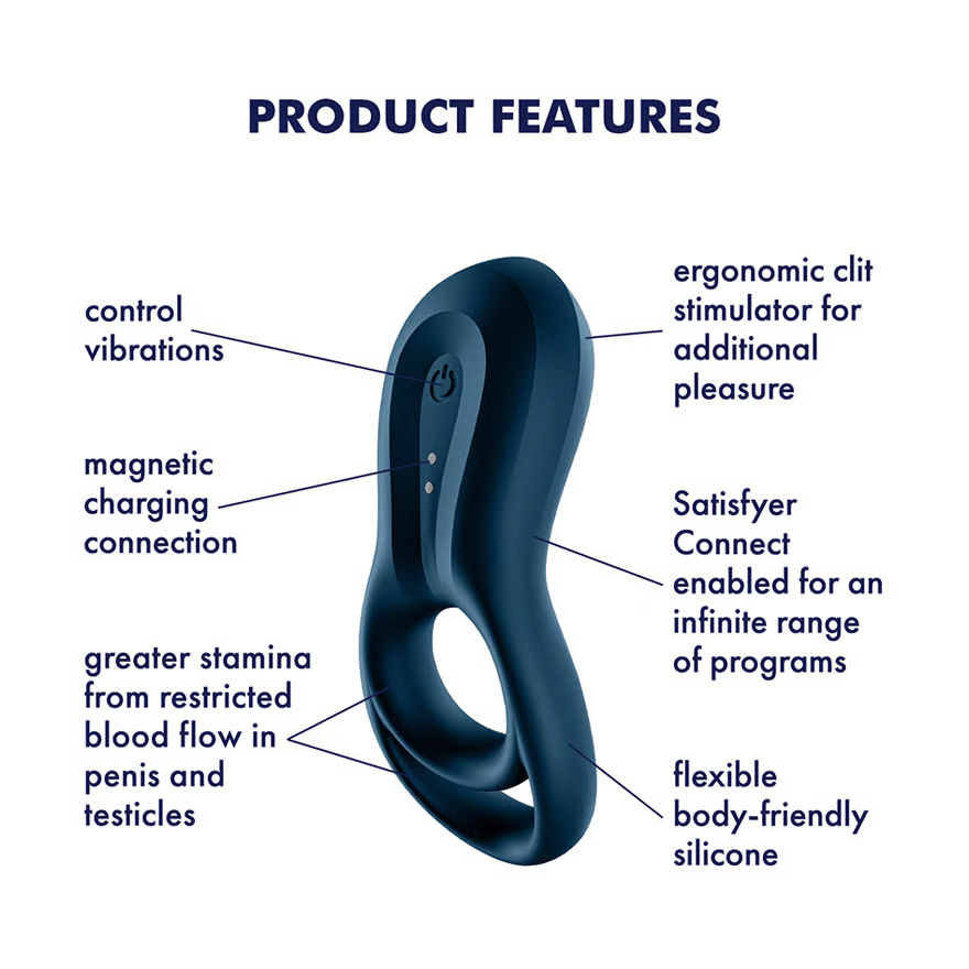 Produit bleu foncé avec des étiquettes détaillant les caractéristiques : vibrations, chargement, stimulateur.