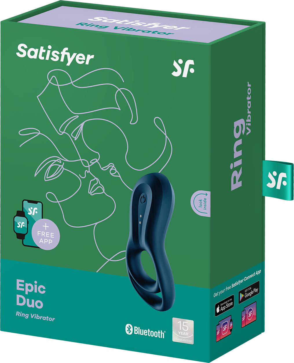 Boîte Satisfyer Epic Duo Ring Vibrator avec image produit et infos téléchargement app.