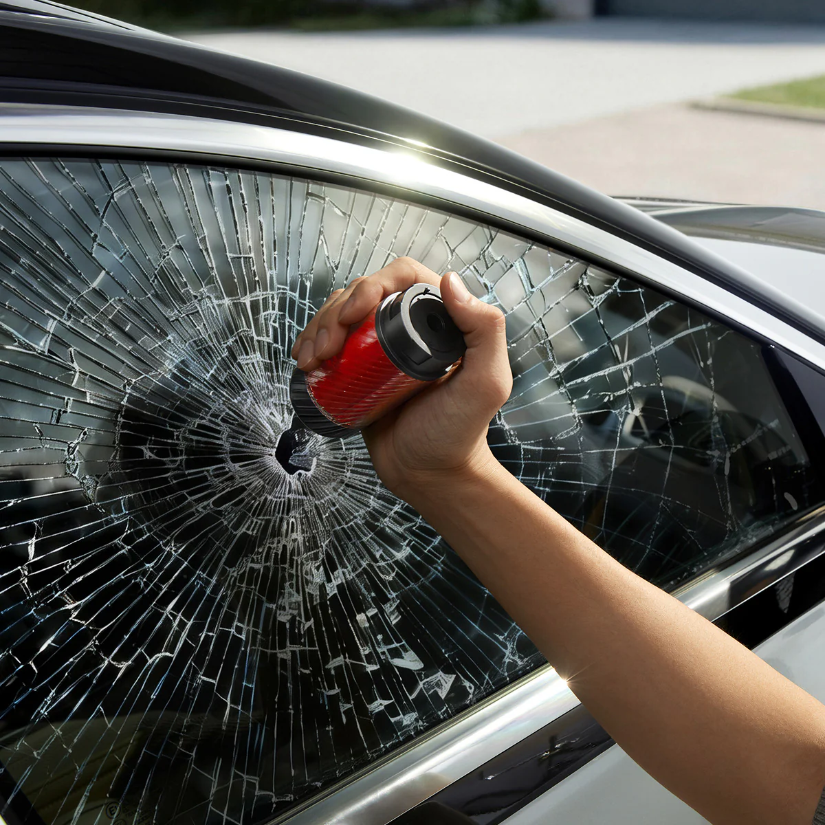 Hand benutzt roten Werkzeug, um zerbrochenes Autofenster einzuschlagen.