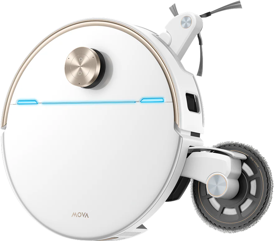 Robot aspirapolvere bianco con finiture dorate, luci blu e spazzola rotante.