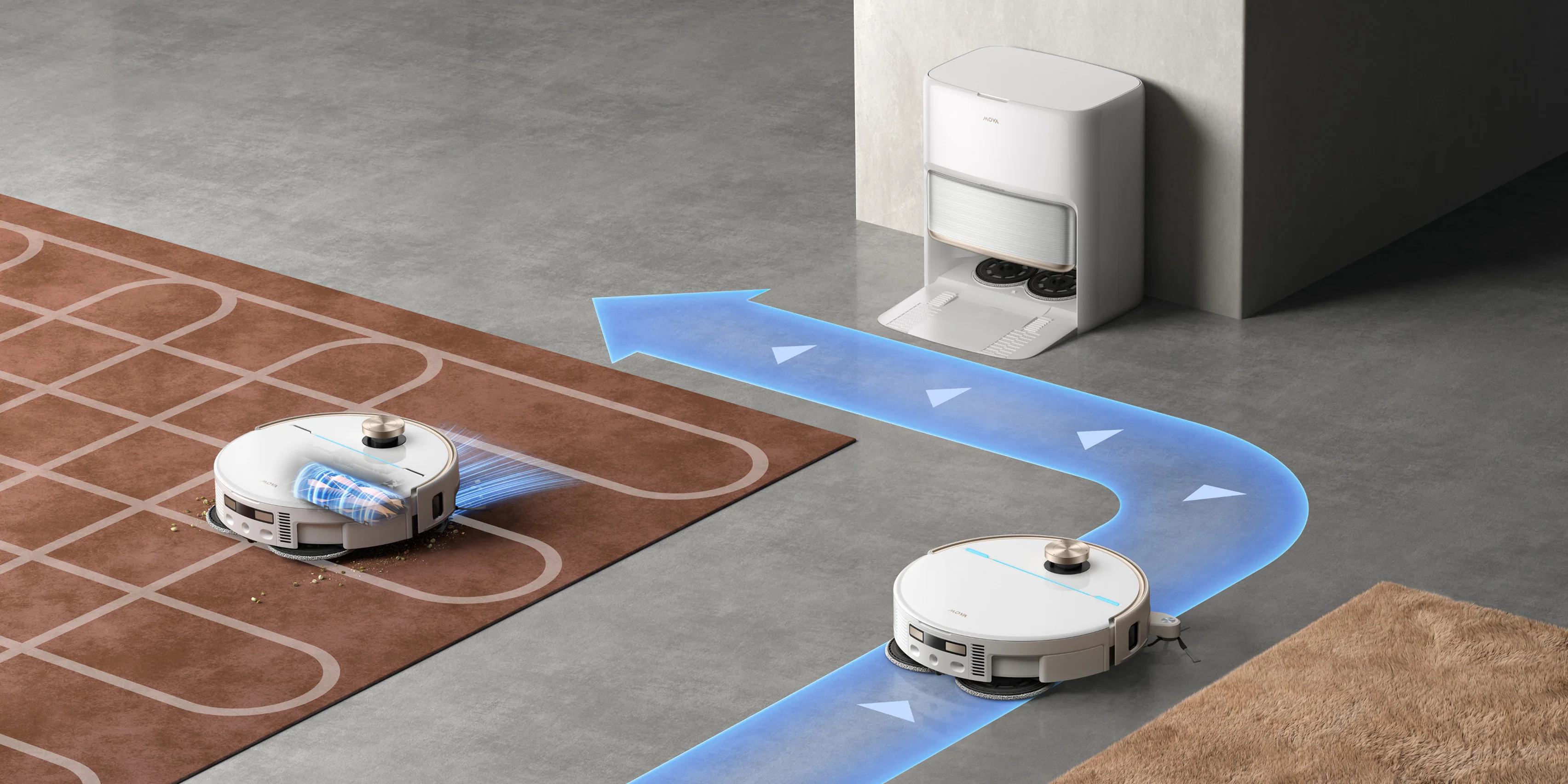 Due robot aspirapolvere bianchi su pavimento grigio, uno pulisce un tappeto.
