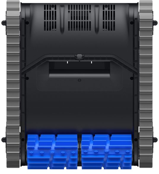 Ein schwarzer Poolroboter von unten mit grauen Raupen und blauen Bürsten.