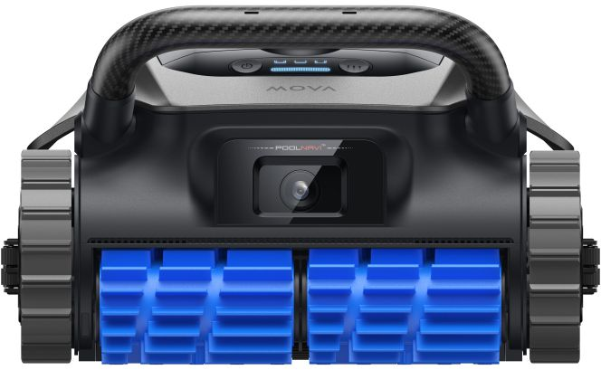 Ein schwarzer Poolroboter mit blauen Bürsten und Carbon-Griff.