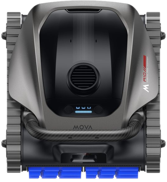 Grauer Roboter-Poolreiniger mit schwarzen Akzenten, Ketten und blauer Bürste.