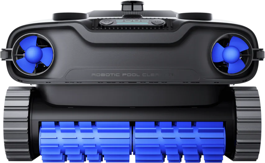 Ein schwarzer Poolroboter mit blauen Lüftern und Bürsten auf schwarzem Hintergrund.