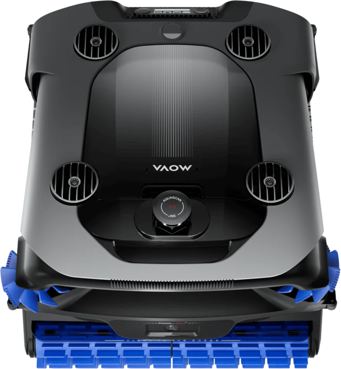 Ein schwarzer Poolroboter mit blauen Bürsten und Lüftungsschlitzen.