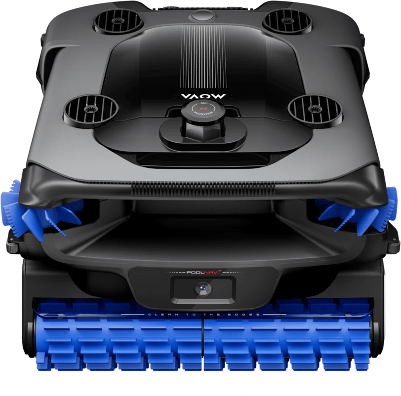 Ein schwarzer Poolroboter mit blauen Bürsten und Rädern.