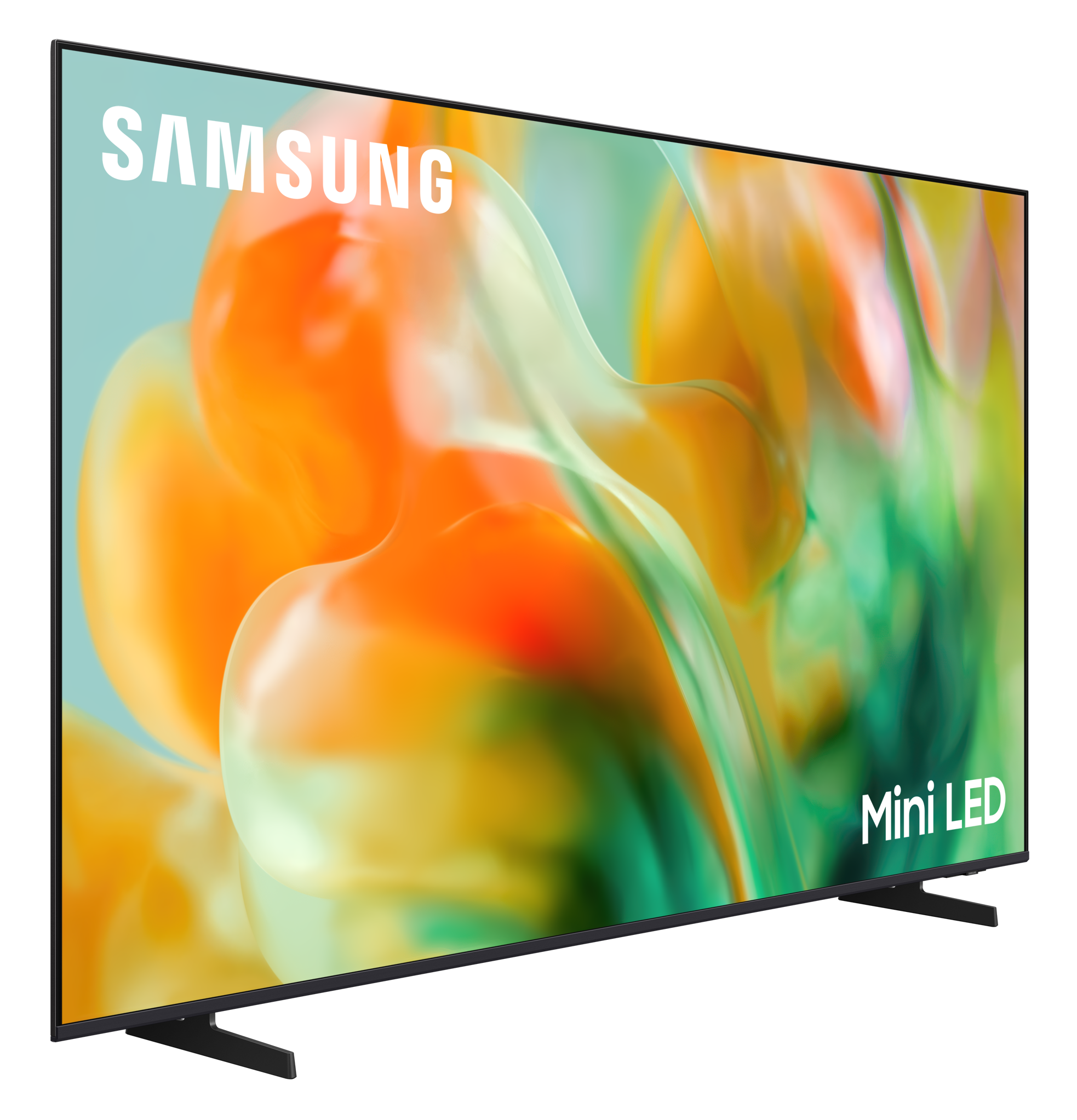 Telewizor Samsung Mini LED z abstrakcyjnym, kolorowym tłem.