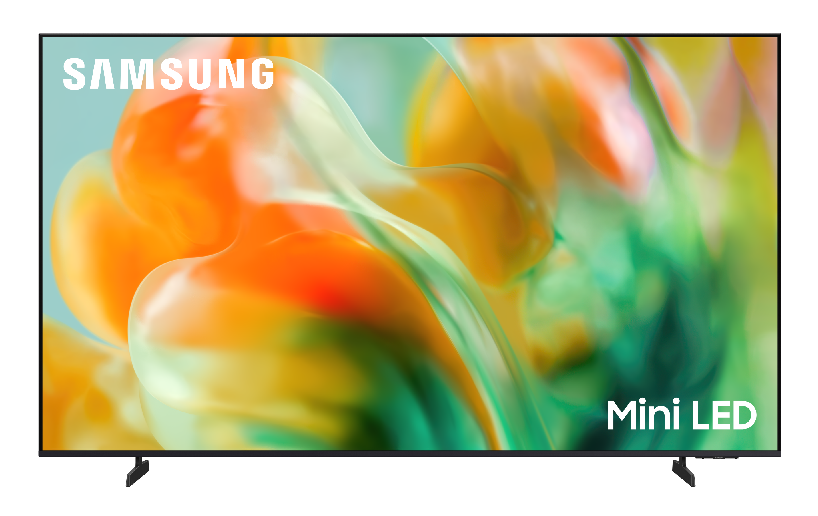 Telewizor Samsung Mini LED z kolorowym, abstrakcyjnym tłem.