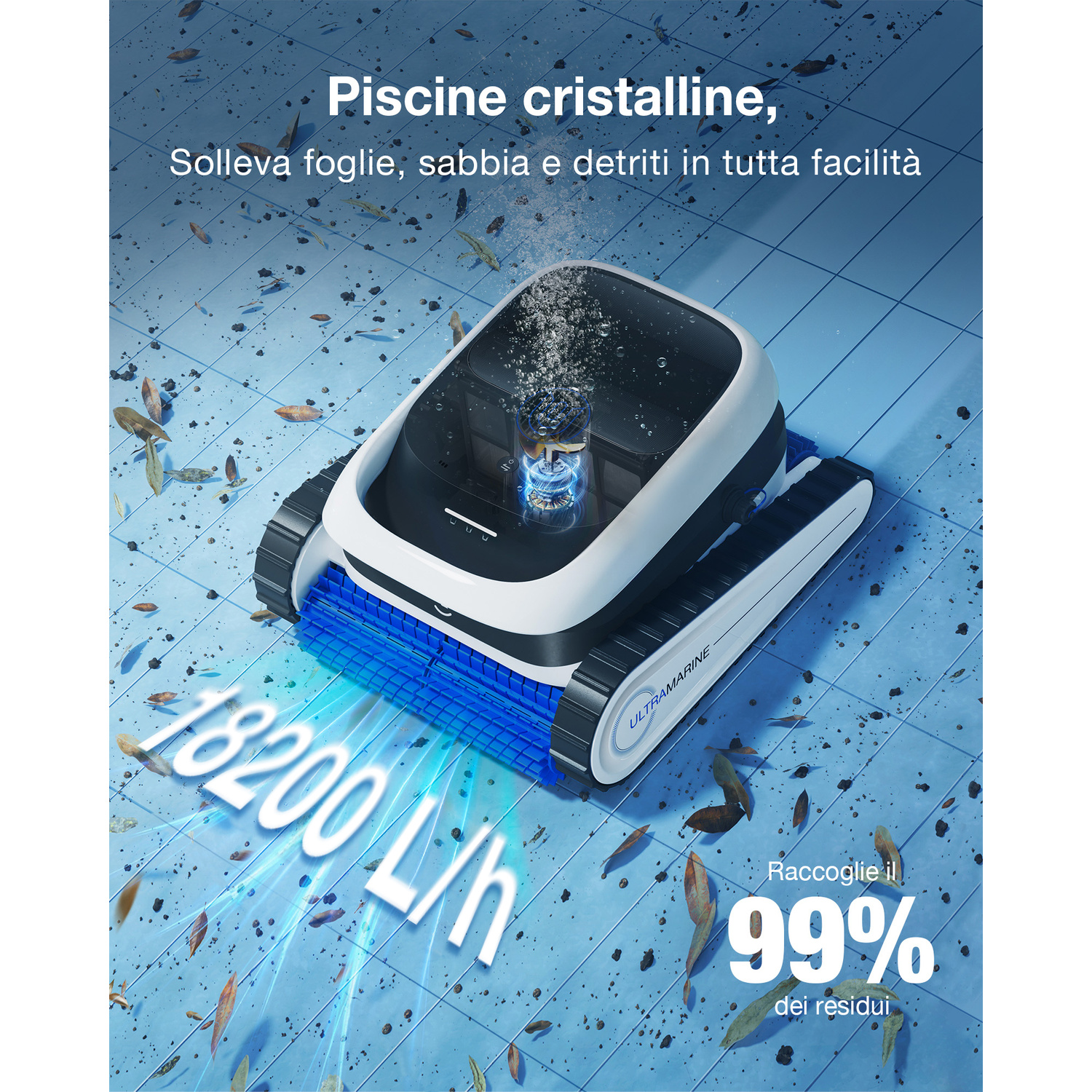 Un robot pulitore per piscine su pavimento piastrellato blu, che raccoglie foglie e detriti.