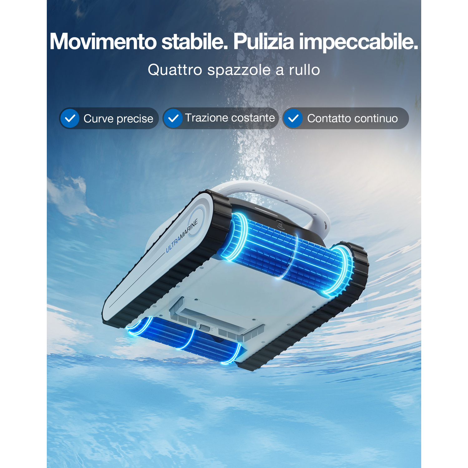 Un robot pulitore con spazzole blu sott'acqua. Curve precise, trazione costante.