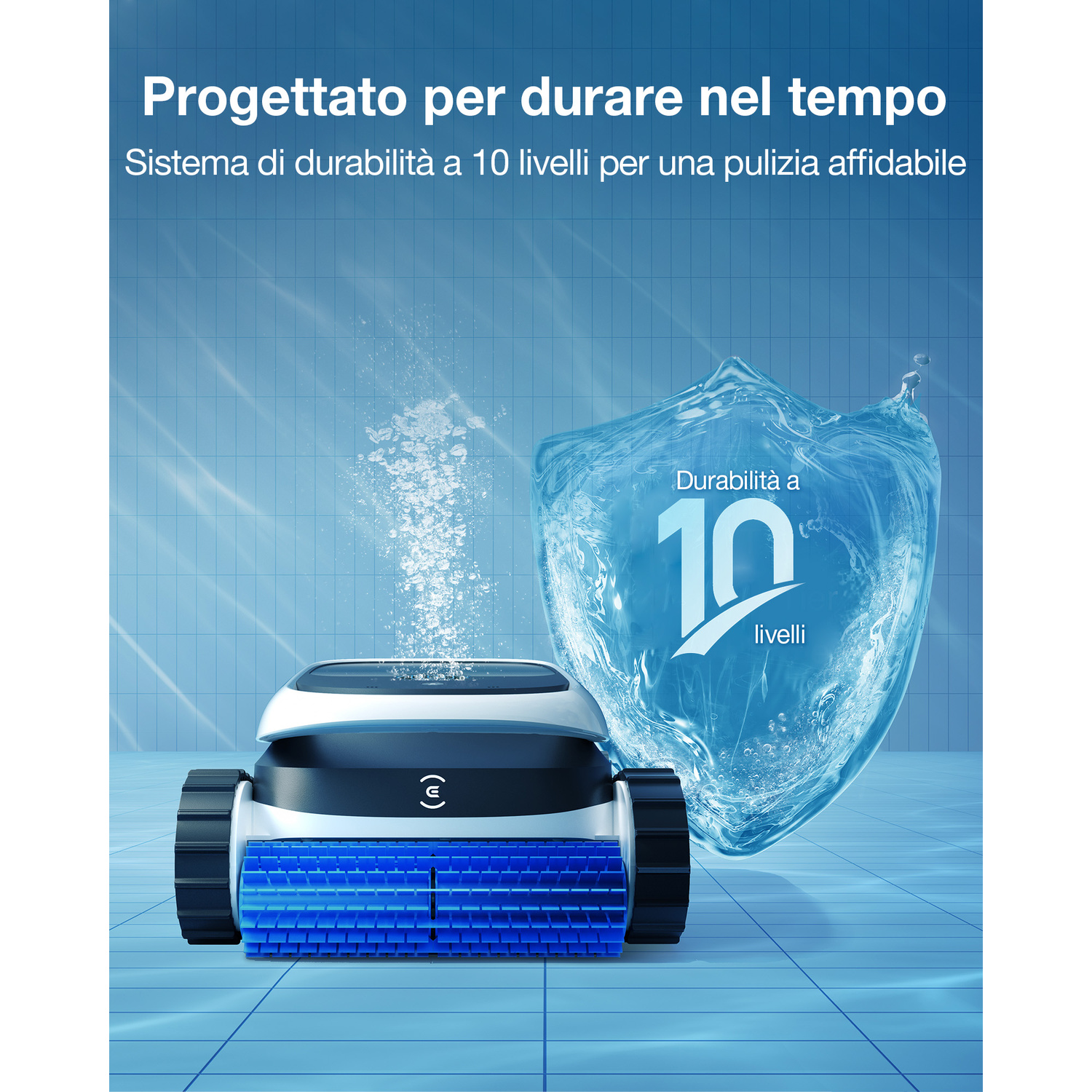 Un pulitore per piscina con ruote e spazzole davanti a uno scudo d'acqua con il numero 10.