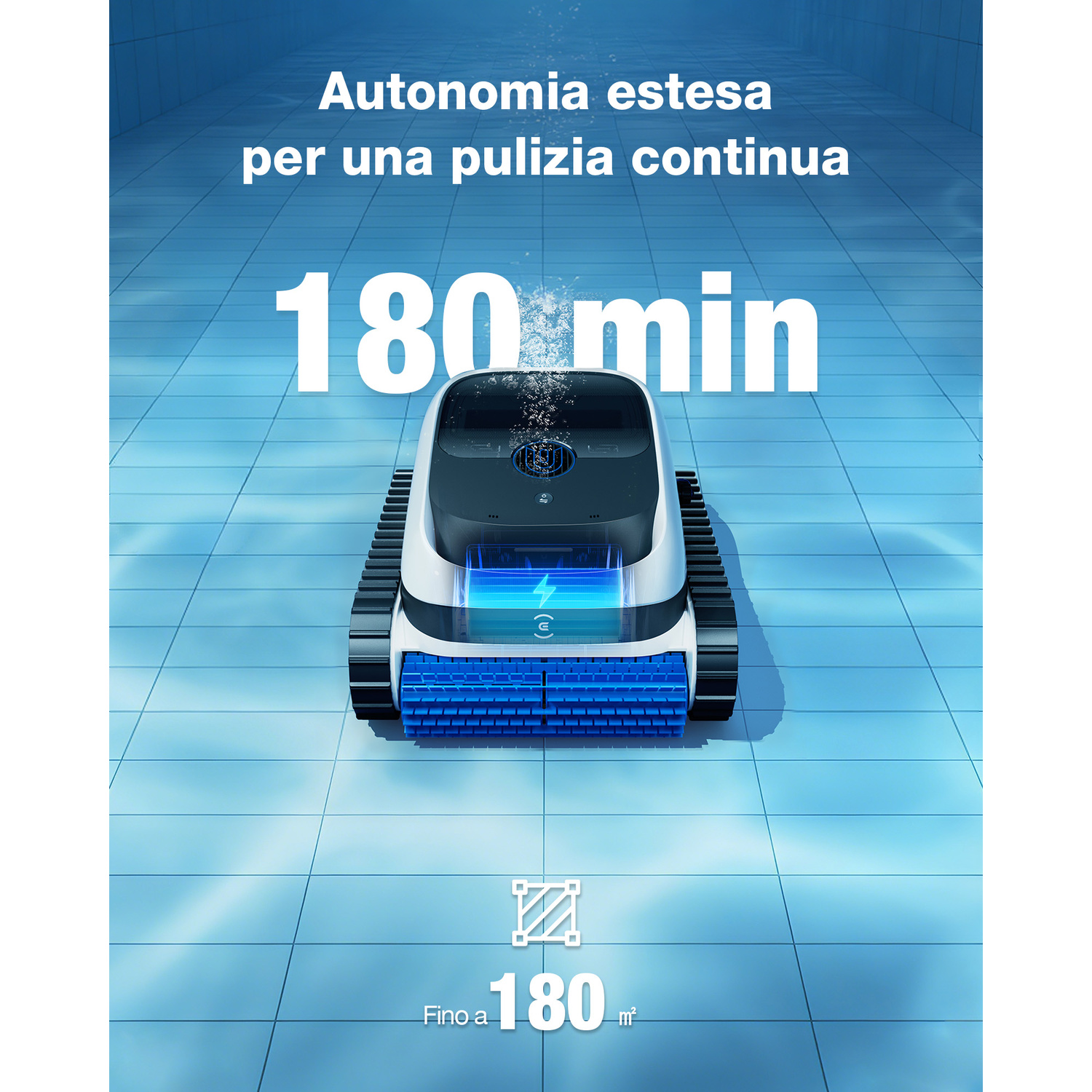 Un robot per piscina con spazzola blu e indicatore batteria su fondo piscina azzurro.