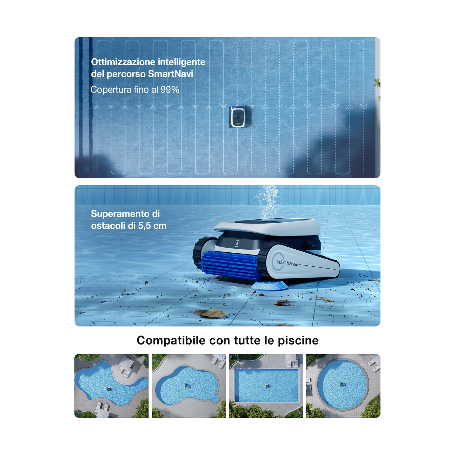Pulitore piscina con ottimizzazione percorso smart e superamento ostacoli per ogni piscina.