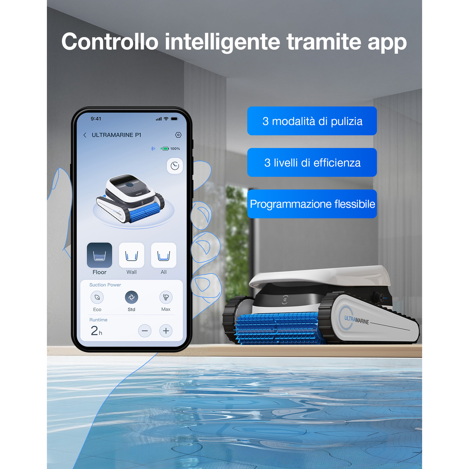 Viene mostrato un robot pulitore per piscine controllato da app, con opzioni di pulizia ed efficienza.