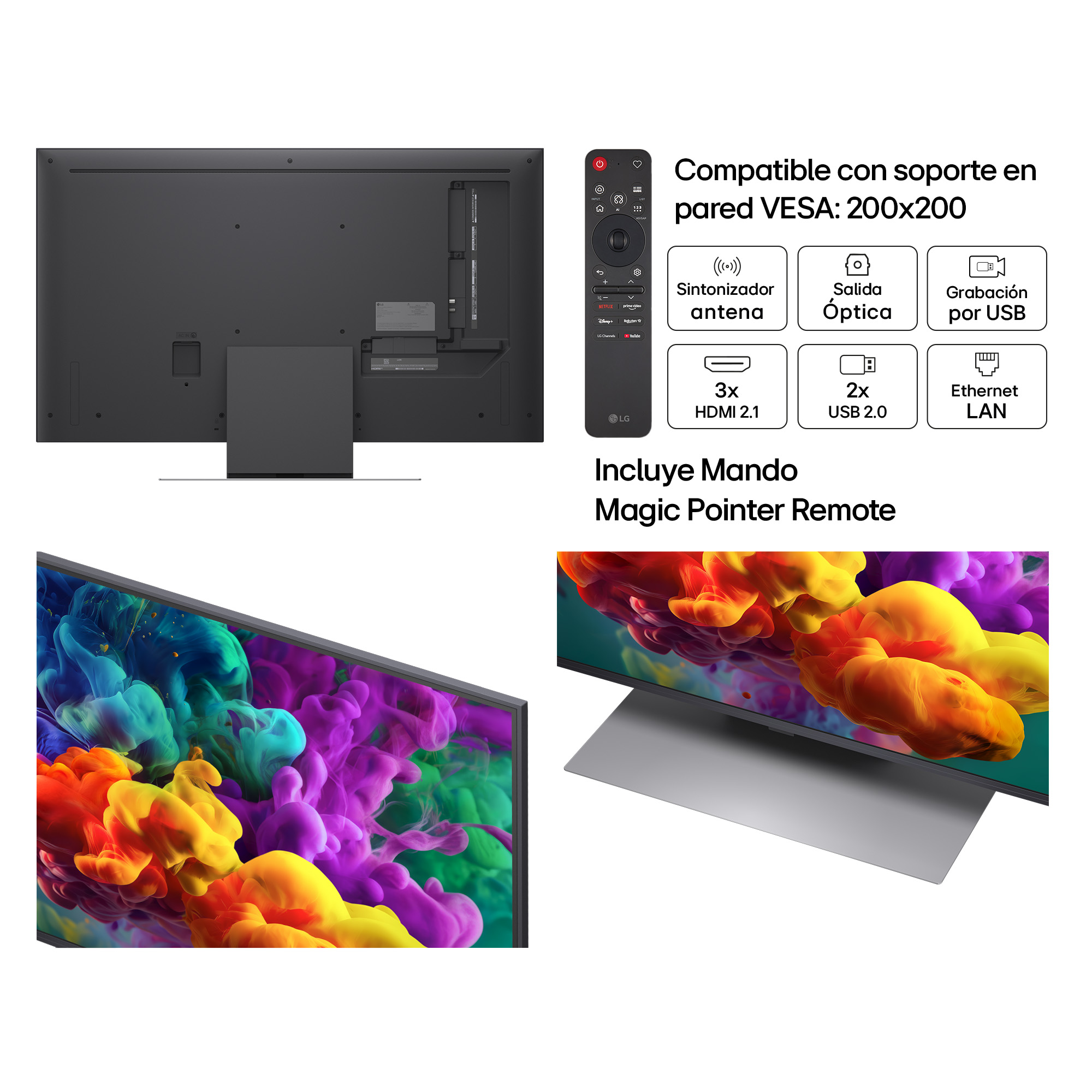 Reverso de TV LG con puertos y mando. Pantalla muestra nubes de humo coloridas. Soporte VESA.