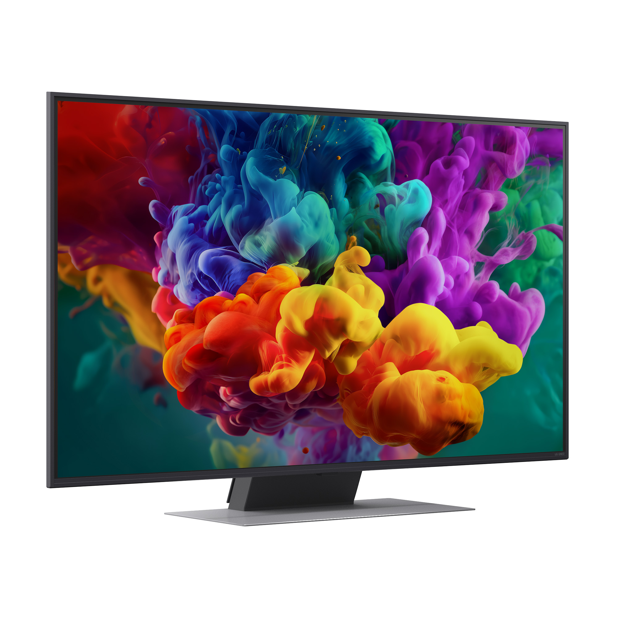Un televisor moderno muestra nubes de tinta vibrantes y coloridas en rojo, amarillo, azul y morado.