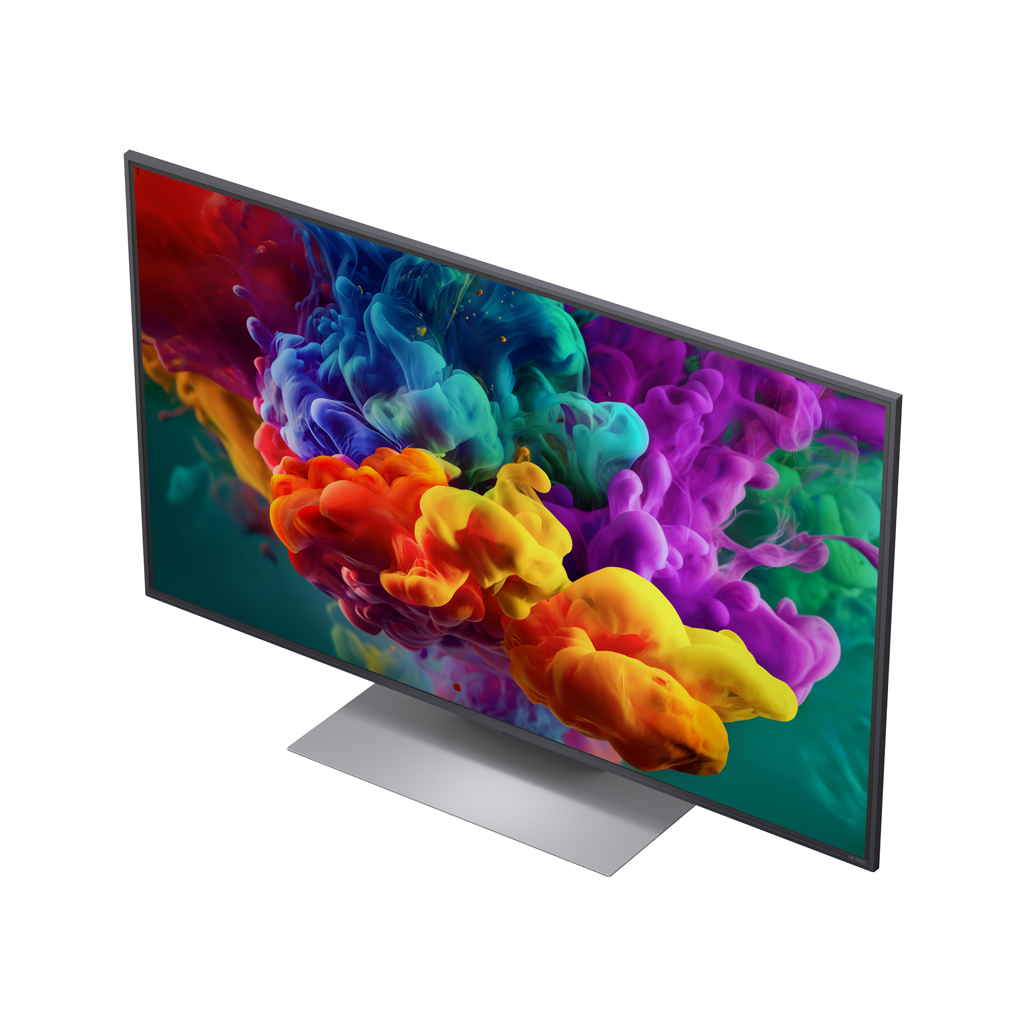 Un televisor moderno con una pantalla abstracta de humo colorido sobre un soporte plateado.