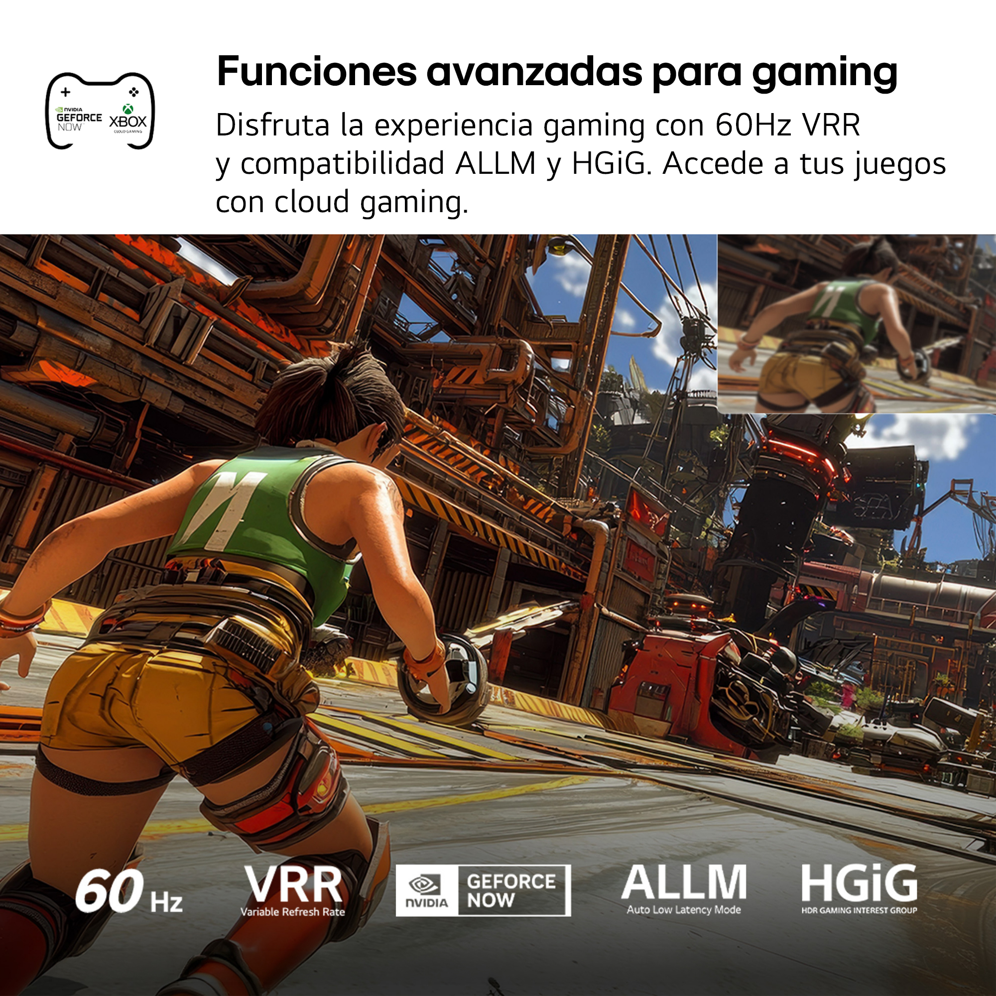 Gamer con chaleco verde y shorts amarillos en entorno futurista con texto.
