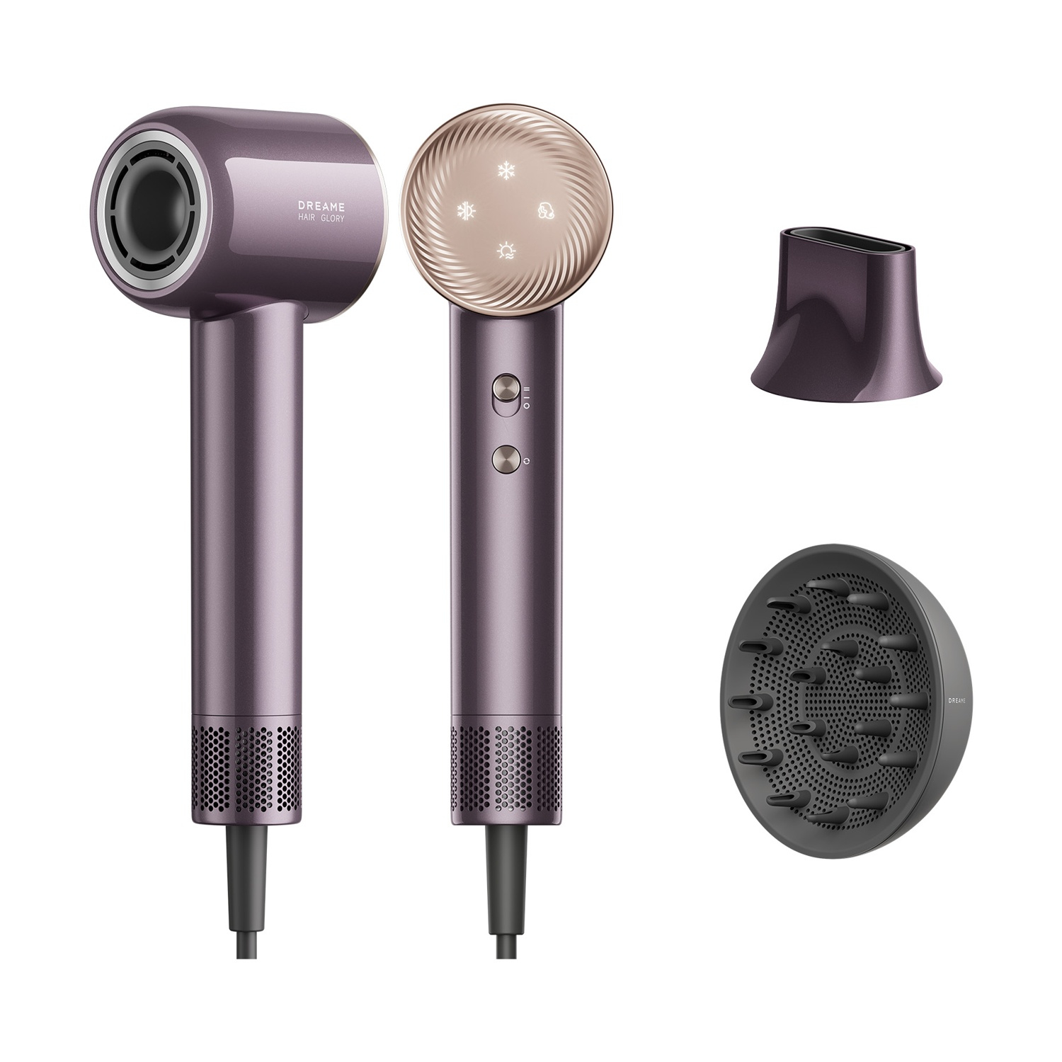 Asciugacapelli viola con accessori: ugello, diffusore e secondo asciugacapelli.