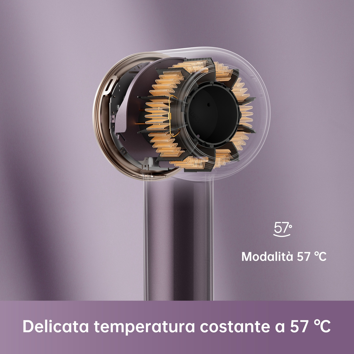 Dettaglio dei componenti interni di un asciugacapelli, modalità 57°C.