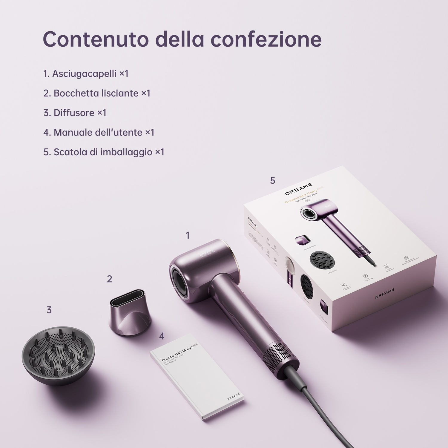 Set asciugacapelli viola con accessori e confezione su sfondo chiaro.