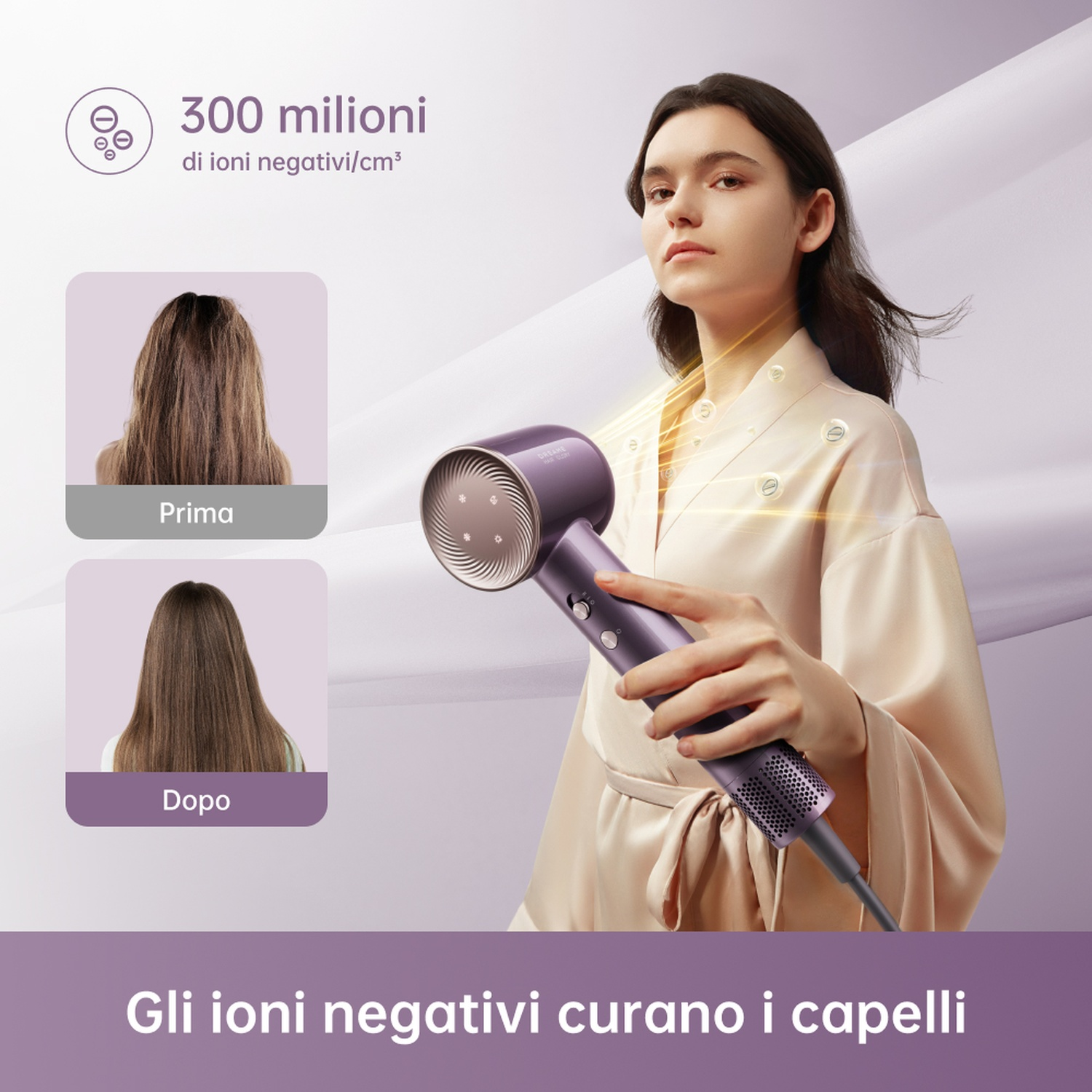 Donna con asciugacapelli. Confronto capelli prima/dopo. 300 milioni ioni negativi/cm³.