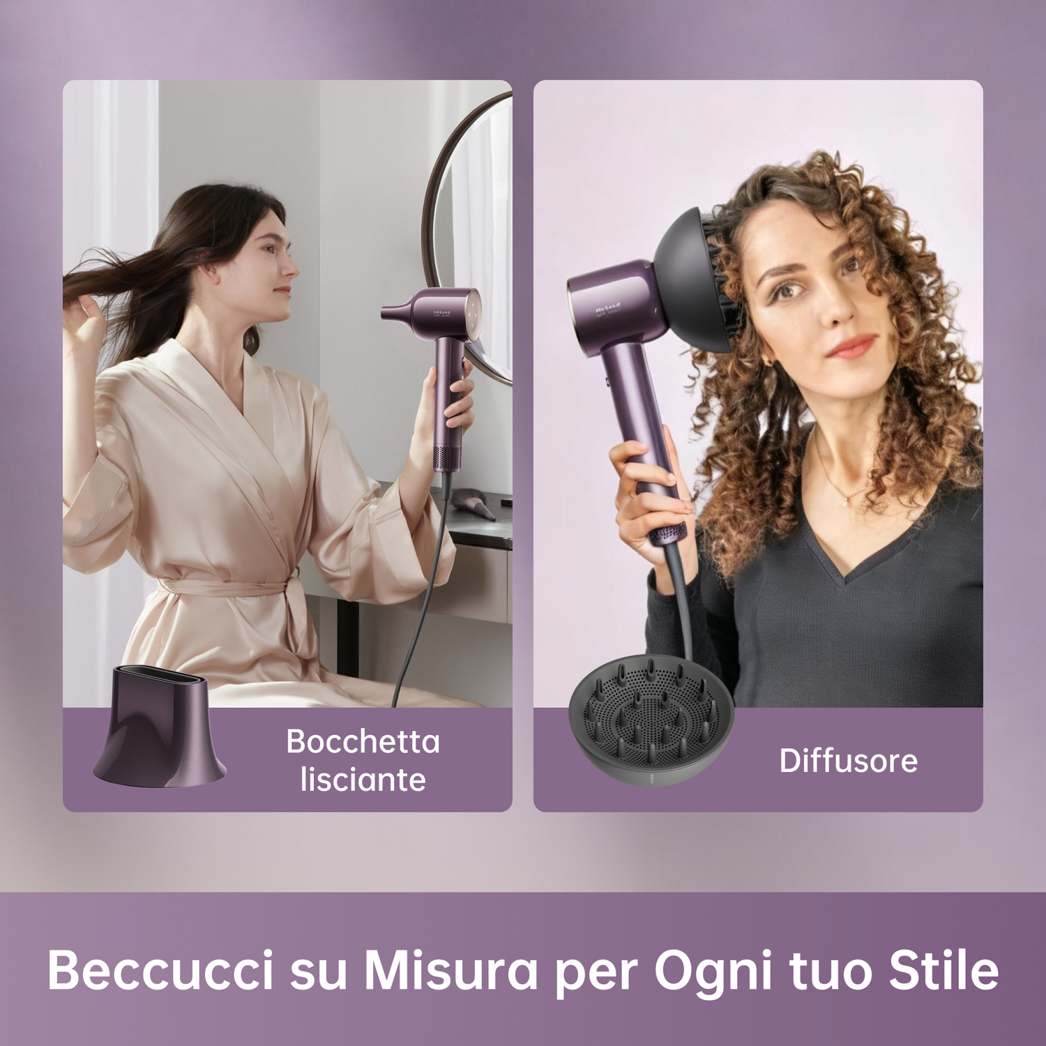 Collage di due donne che usano un asciugacapelli viola con diversi accessori.
