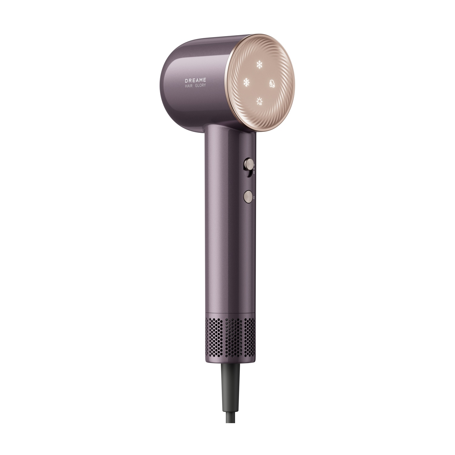 Un asciugacapelli viola con anello dorato e icone freddo/caldo.