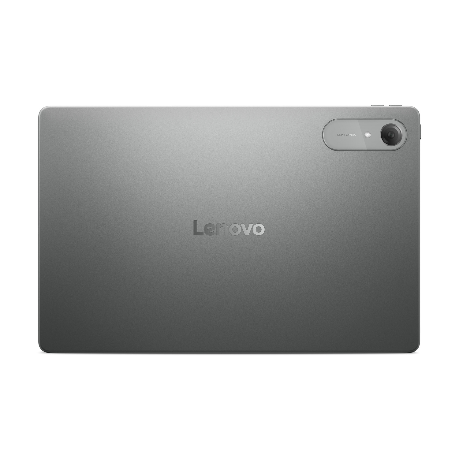 Retro di un tablet Lenovo grigio con fotocamera da 13MP e finitura liscia.